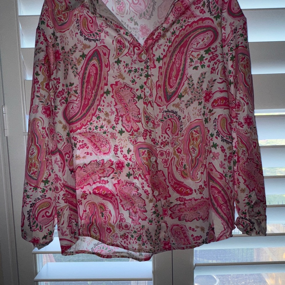 Women’s Pink Paisley Print Long Sleeve Popover Top Blouse Size Small